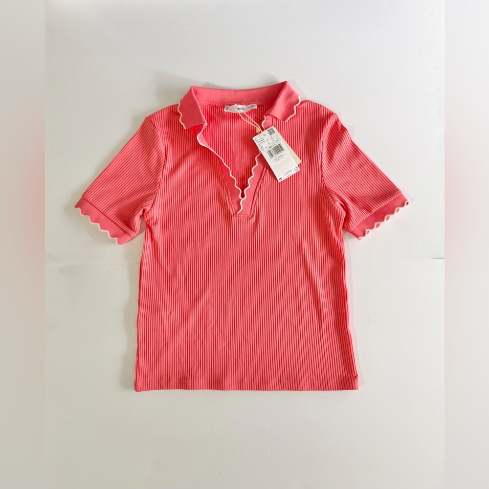 Mango Ribbed Cotton Polo Shirt in Coral Red